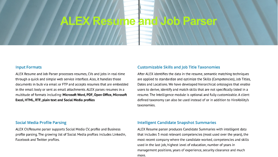 alex resume parser product page